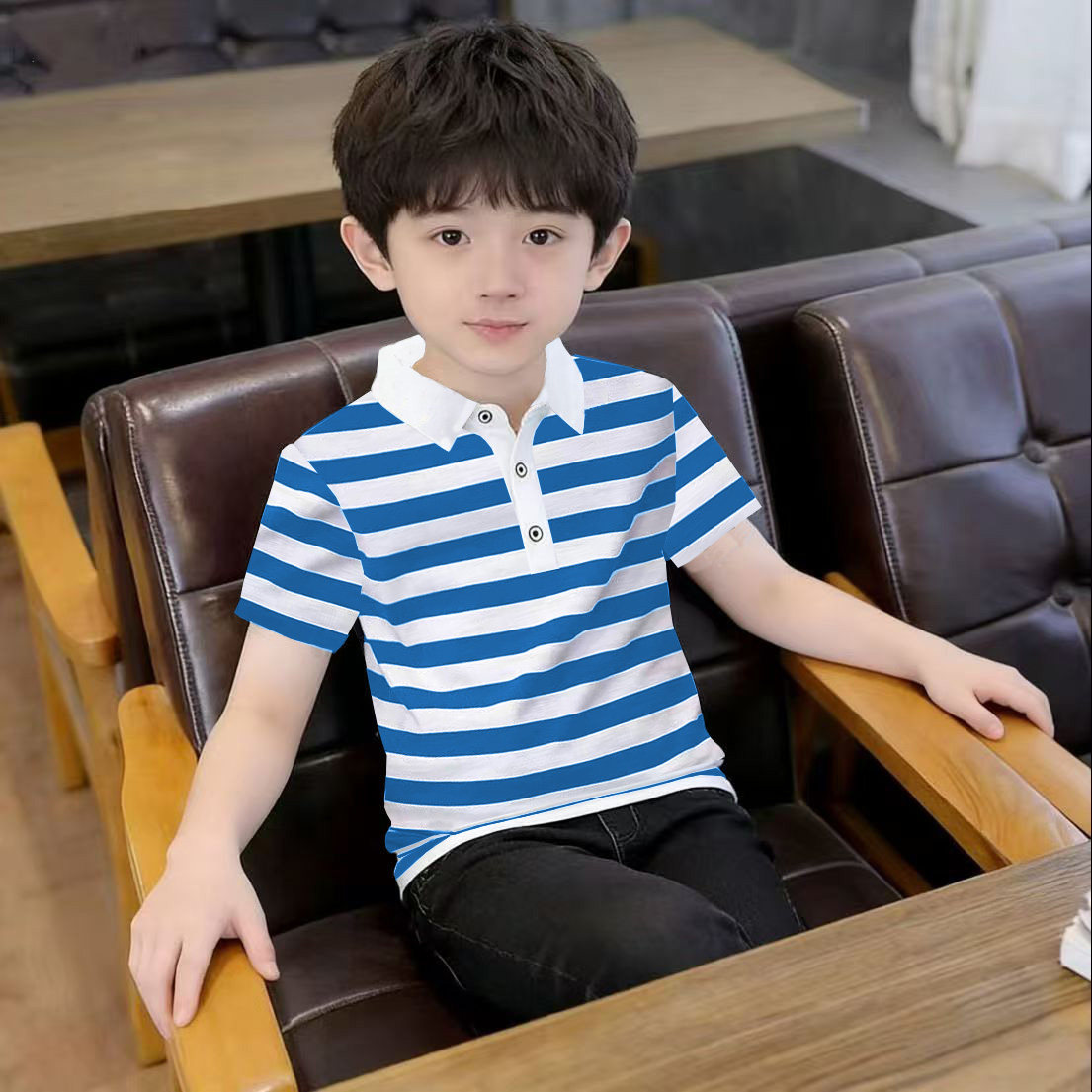 童装短袖t恤夏天纯棉儿童打底衫夏季条纹休闲中大童小孩翻领薄款