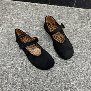 复古百搭一字扣玛丽珍女鞋 复古感拉满 外贸出K圆头绒面平底单鞋