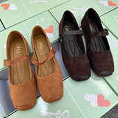 美式 软底耐磨浅口单鞋 复古方头玛丽珍鞋 女舒适百搭绒面魔术贴大码