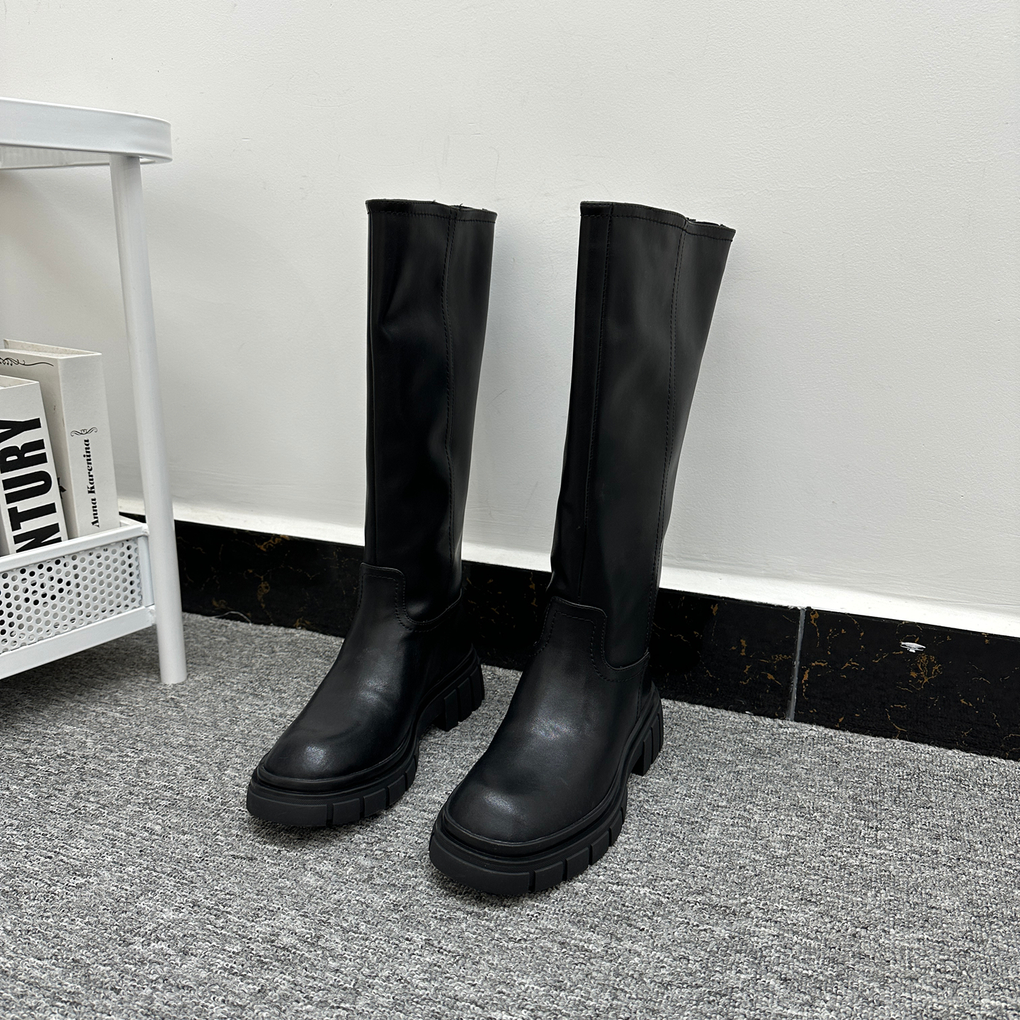 欧洲纯原 黑色厚底高筒靴简约百搭圆头拉链装饰薄绒保暖骑士靴