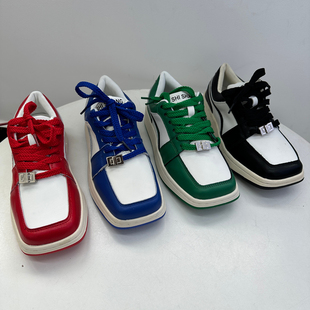 外贸大码撤柜厚底方头板鞋女真皮休闲拼色系带柔软舒适透气休闲鞋