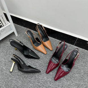显腿长舒适包头凉鞋 法式 气质尖头时尚 漆皮一字扣高跟鞋 优雅风