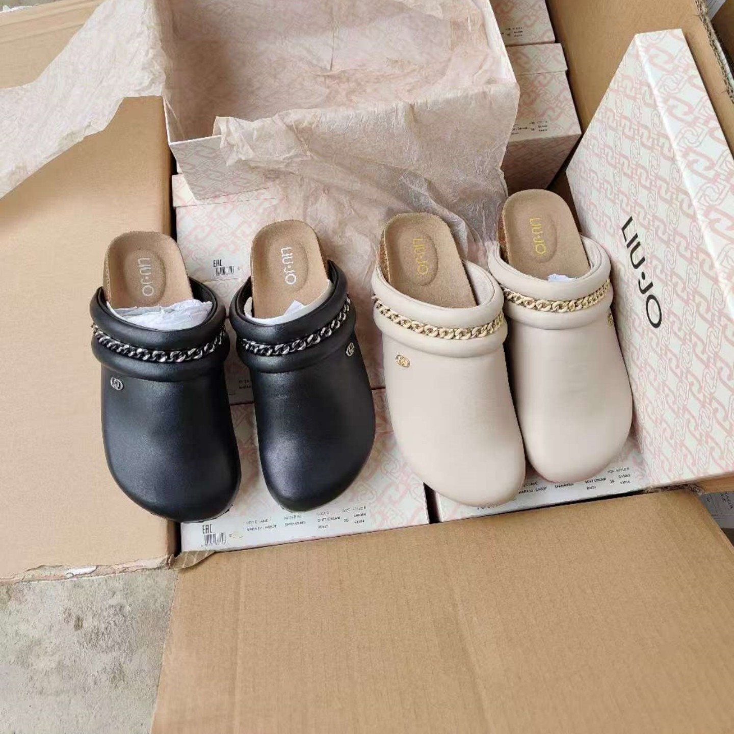 外贸W单简约百搭厚底半拖女休闲圆头金属链舒适透气懒人包头拖鞋,女鞋,包头拖,淘宝优惠券,粉丝福利购,淘宝优惠卷