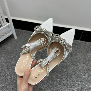 出口美单名媛风水钻蝴蝶结高跟鞋女尖头缎面绕脚扣带细跟包头凉鞋