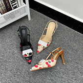 印花尖头复古轻便细跟包头凉鞋 时尚 V扣高跟鞋 个性 圈疯抢 外贸大码