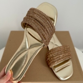 外贸大码 重工水钻凉拖鞋 女露趾平底软垫轻便防滑欧美金色一字拖