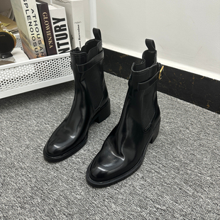 外贸纯原粗跟烟筒靴英伦圆头Z家皮带扣轻便一脚蹬防滑切尔西短靴