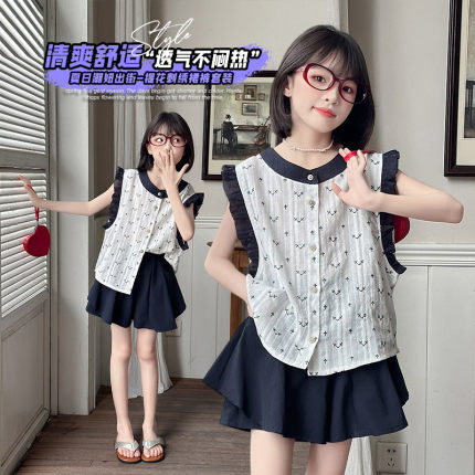 女童夏套装2025新款儿童超好看无袖娃娃衫女大童裙裤薄款时髦夏装
