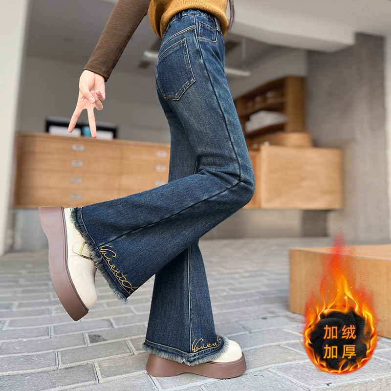 女童加绒喇叭裤儿童一体绒裤子冬季2025新款冬大童加厚好看牛仔裤