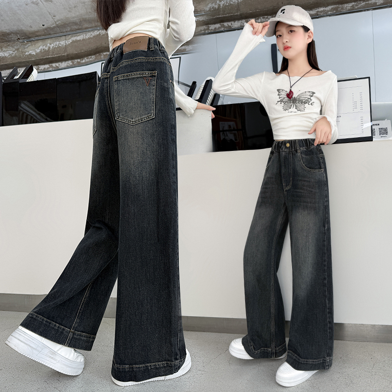 女童裤子秋冬加绒洋气好看牛仔裤