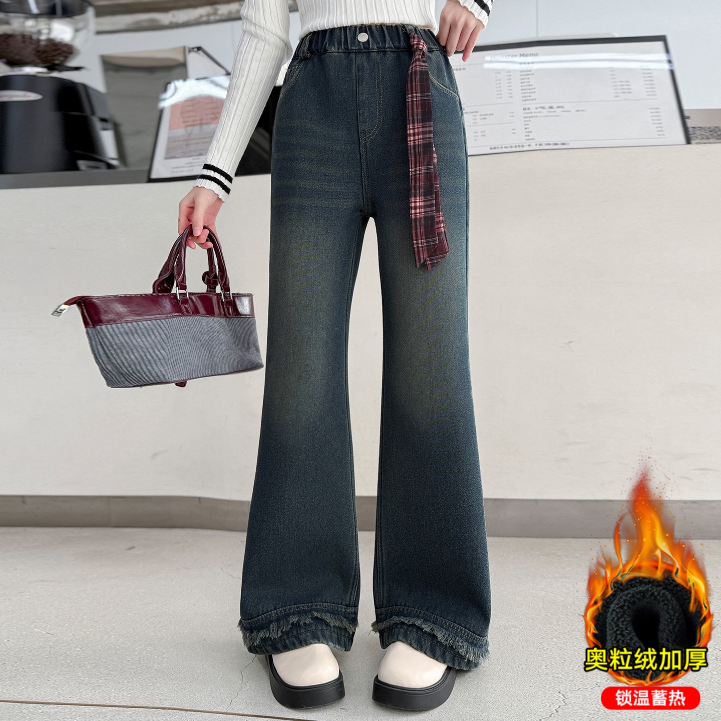 女童加绒裤子冬季加厚牛仔喇叭裤