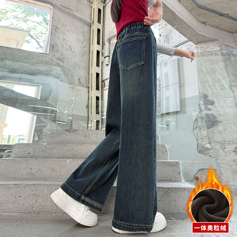 女童加绒裤子秋冬加厚好看牛仔裤
