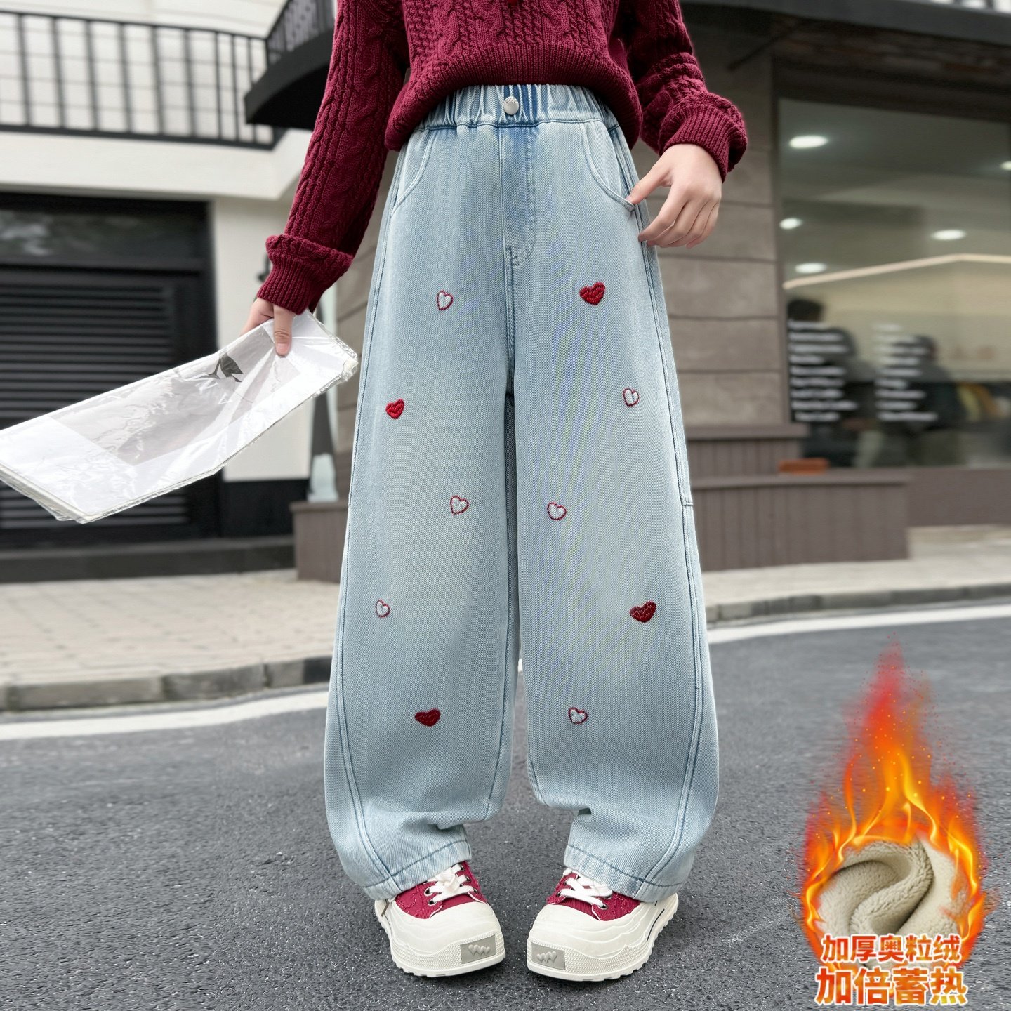 女童加绒加厚牛仔裤秋冬季弯刀裤