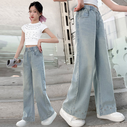 女童裤子夏季薄款刺绣直筒牛仔裤