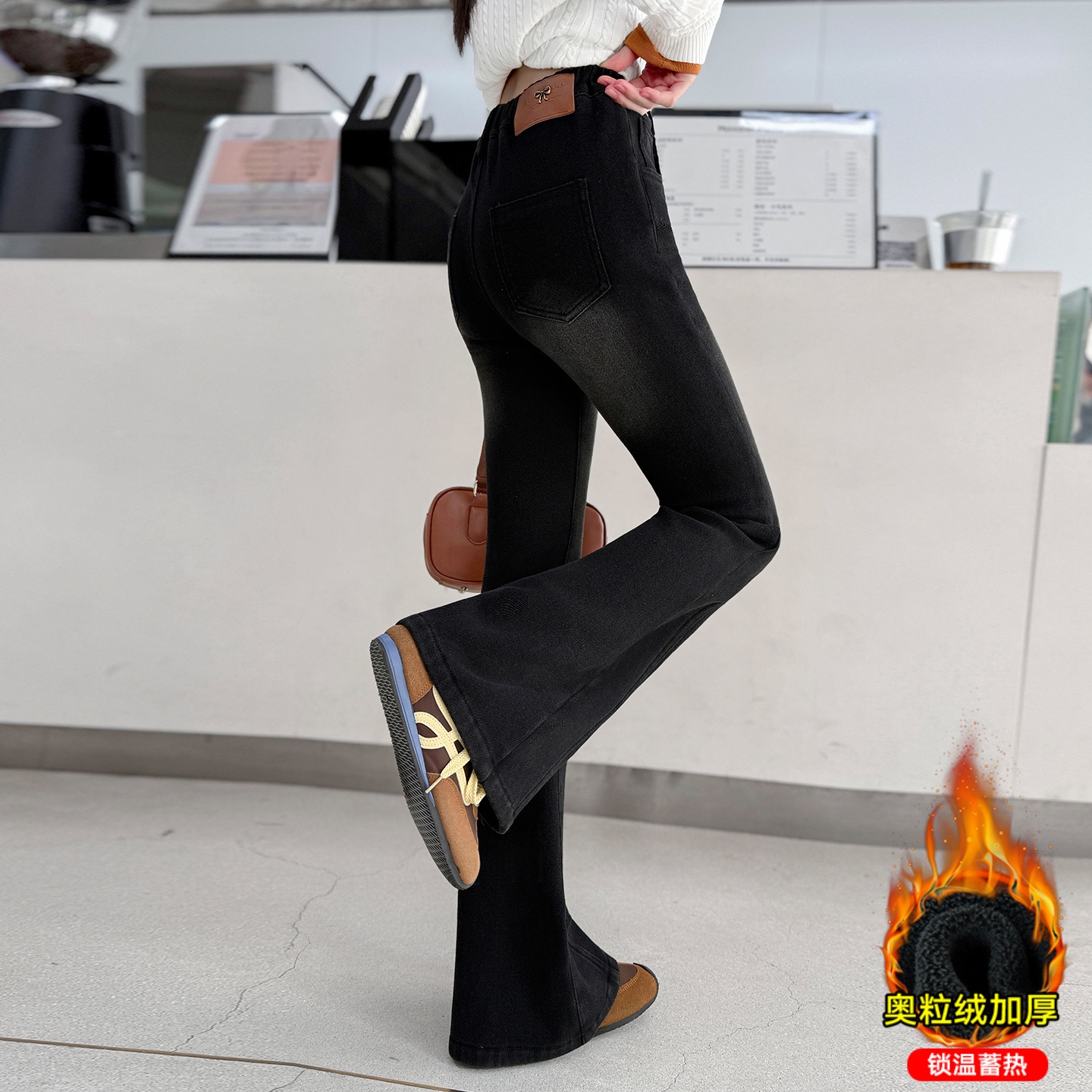 女童加绒牛仔裤冬加厚好看喇叭裤