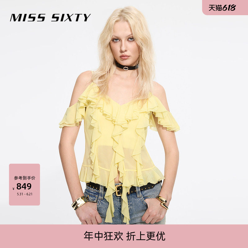 【真丝】Miss Sixty26春桑蚕丝衬衫女两件套吊带荷叶边海边上衣