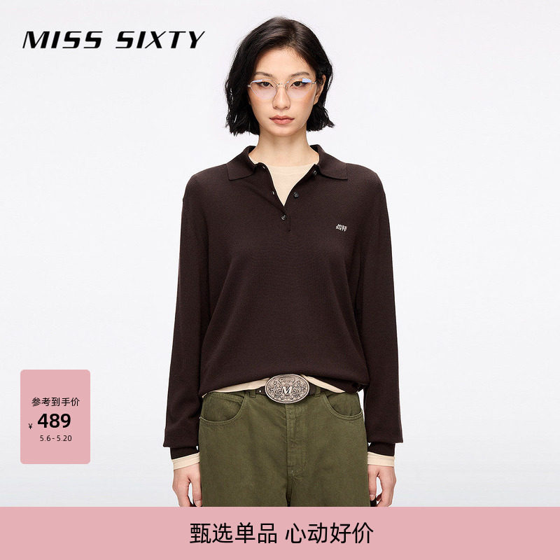 Miss Sixty春季绵羊毛针织衫女气质上衣毛衣Polo领刺绣
