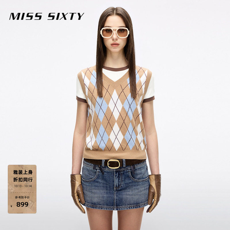 Miss Sixty秋季针织背心女气质V领复古菱格纹羊毛羊绒混纺上衣