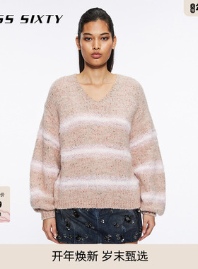 【保暖羊驼毛】Miss Sixty冬针织衫女复古条纹灯笼袖毛衣