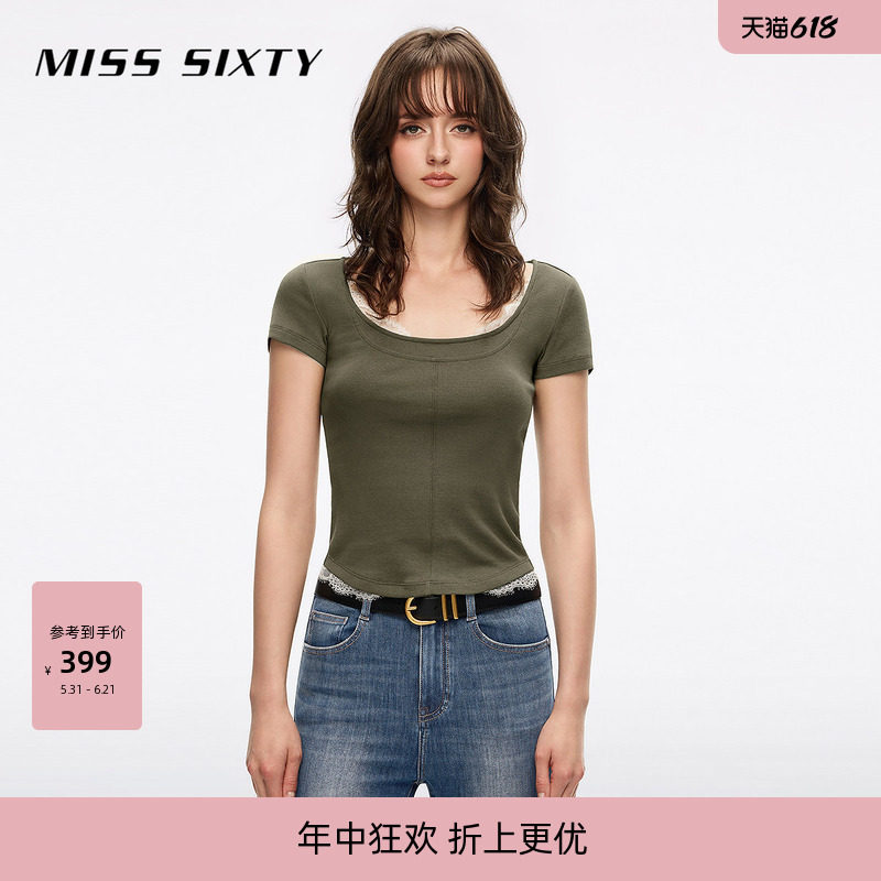 Miss Sixty2026夏季新款T恤女U型领修身短款蕾丝花边