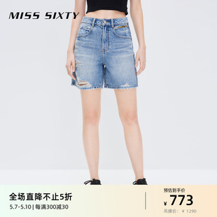 女破洞设计高腰直筒复古风五分裤 Miss 牛仔短裤 新款 Sixty2024夏季