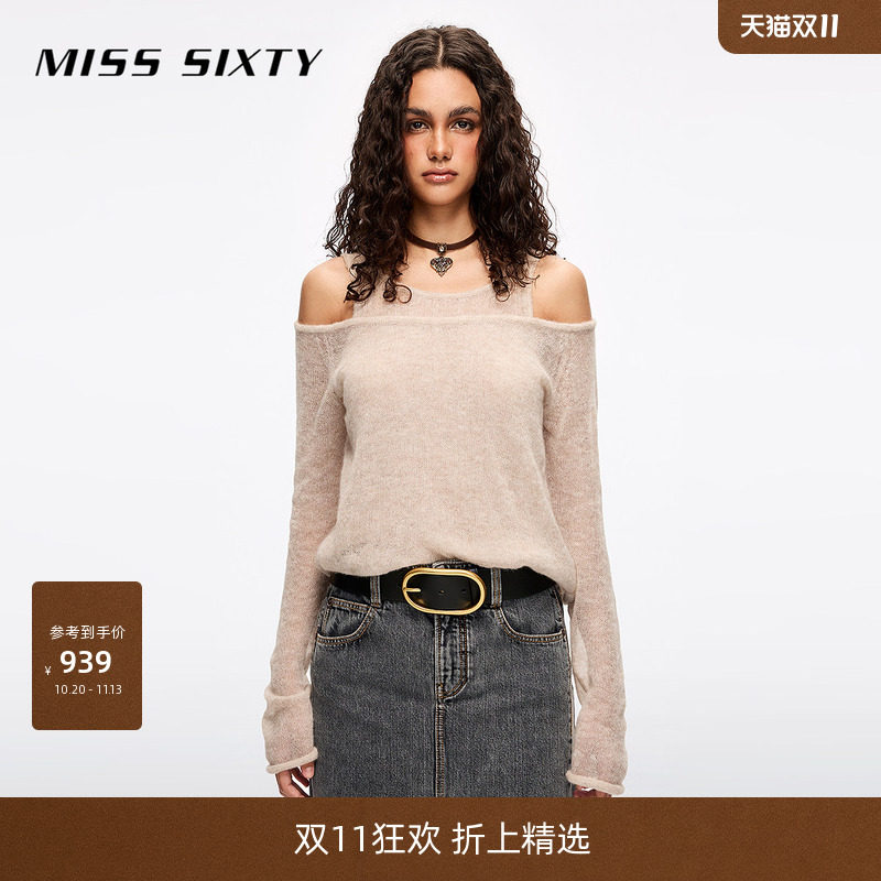 Miss Sixty秋季羊驼毛针织衫女长袖上衣吊带露肩假两件拼接毛衣