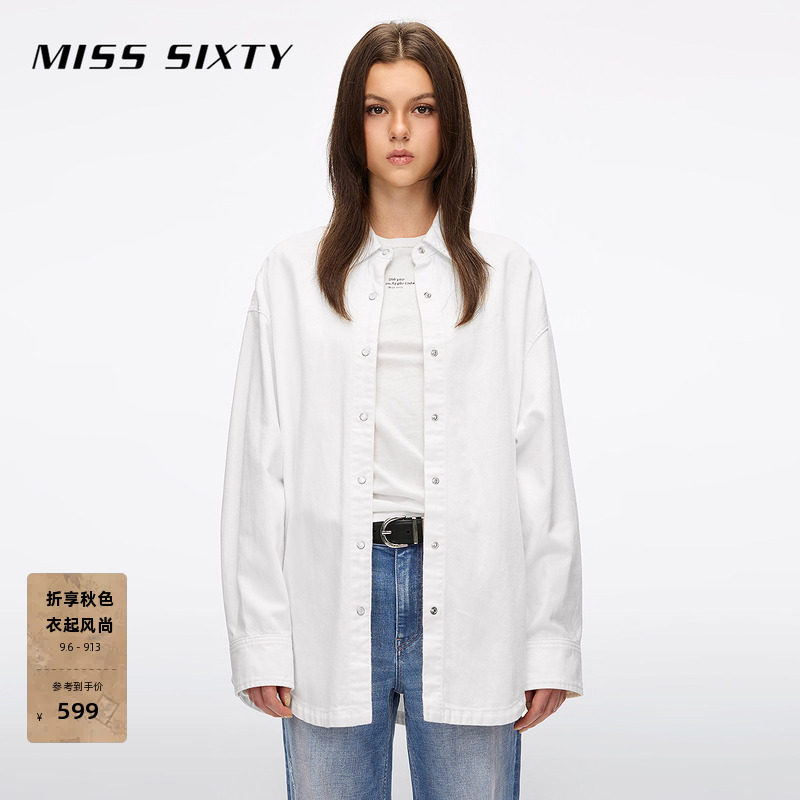 Miss Sixty2026春夏新款长袖牛仔衬衫女棉麻简约白色口袋休闲通勤