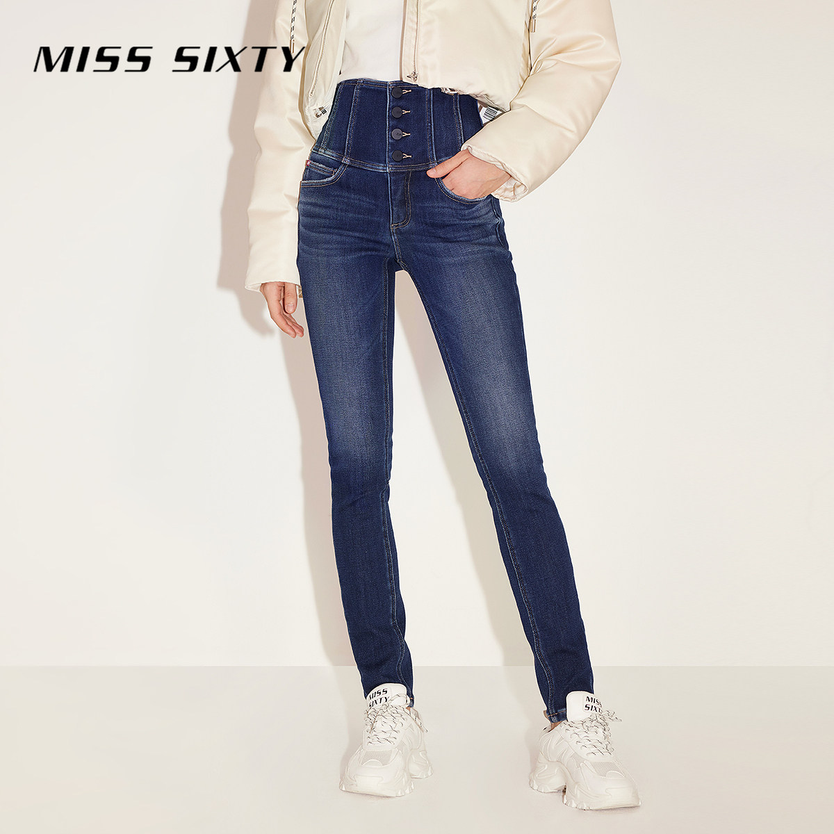 Miss Sixty复合绒牛仔裤四扣高腰百搭小脚铅笔加绒靴裤裤子