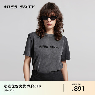 短袖 新款 T恤女圆领字母破洞做旧感复古废土风 Sixty2024夏季 Miss