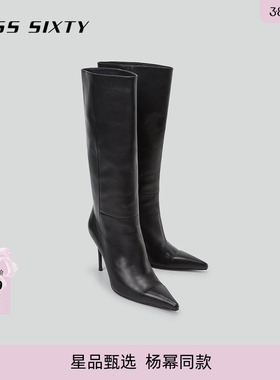 Miss Sixty高帮靴女复古黑色尖头细跟高跟靴牛皮真皮靴气质百搭
