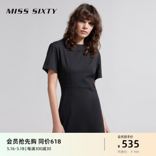 连衣裙女圆领钻饰字母纯色收腰百搭休闲风 新款 Sixty2024夏季 Miss