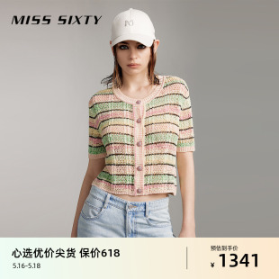 针织衫 Miss 新款 女多巴胺条纹拼色圆领短袖 Sixty2024夏季 复古减龄