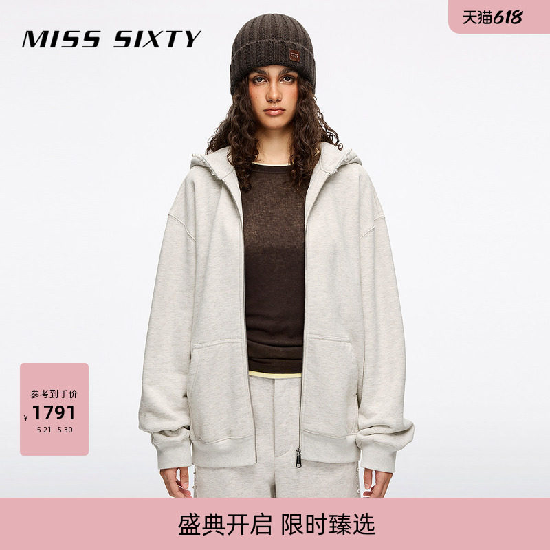 Miss Sixty冬季卫衣外套外搭女连帽珍珠装饰拉链宽松高街运