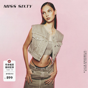 单排扣复古工装 短款 高街怀旧风背心 Sixty牛仔马甲女圆领无袖 Miss