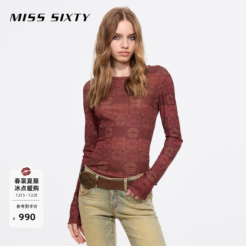 Miss Sixty2025春秋款长袖T恤圆领唇印修身轻薄木耳花