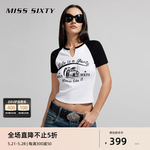 预Miss Sixty2024夏季新款T恤美式复古插肩袖撞色印花休闲上衣