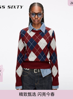 Miss Sixty2025冬季新款针织衫女长袖菱格纹红色气质上衣