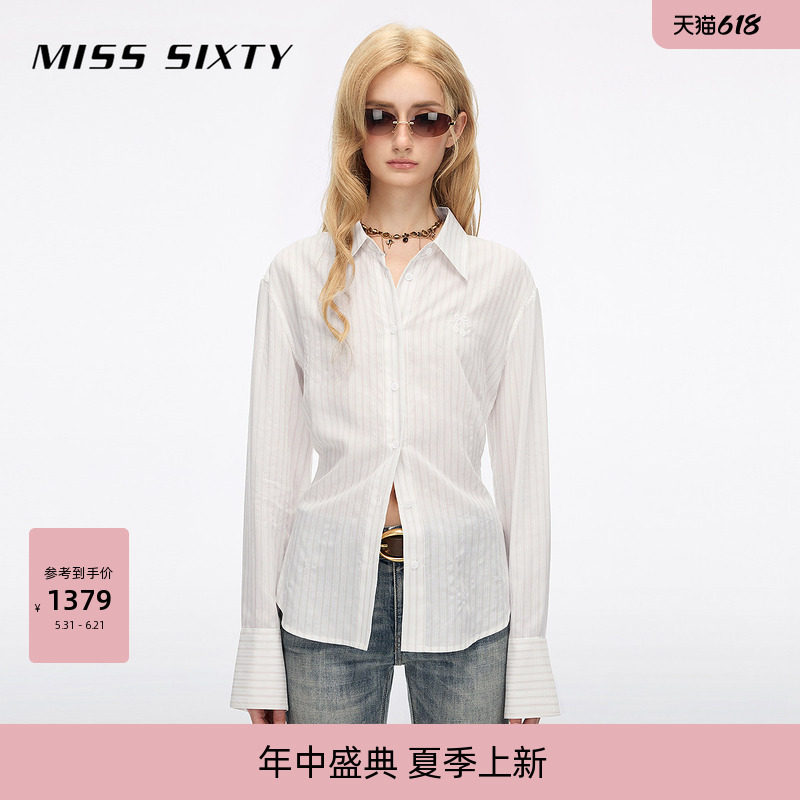 【莱赛尔】Miss Sixty26夏新款长袖衬衫女条纹暗纹提花上衣高知风