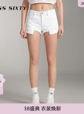 Miss Sixty白色牛仔短裤女复古磨破拉须辣妹小个子薄款显瘦百搭