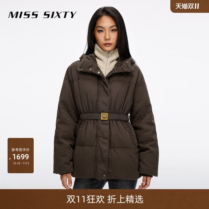 【90鸭绒】Miss Sixty2026冬季新款牛仔羽绒服女连帽附腰带外套