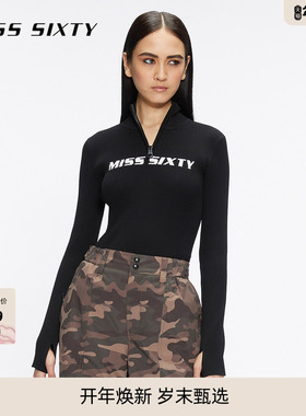 【滑雪系列】Miss Sixty黑色针织衫女半开领撞色提花短款毛衣