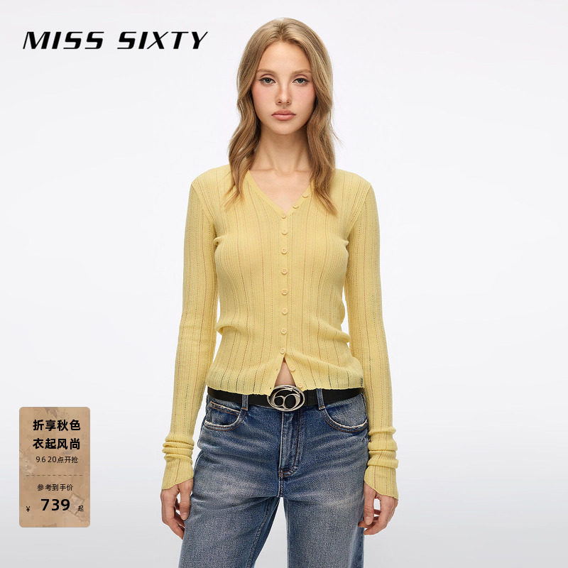 Miss Sixty2026秋季新款针织衫女V领单排扣镂空修身短款含羊毛