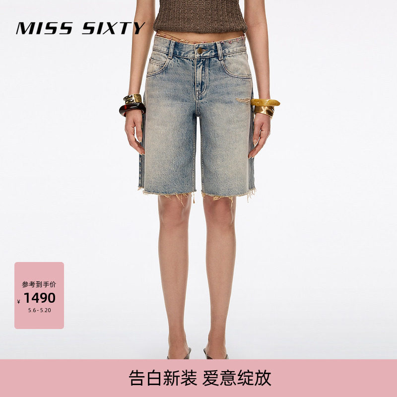 Miss Sixty2026夏季新款牛仔短裤女脏污洗水含汉麻复古