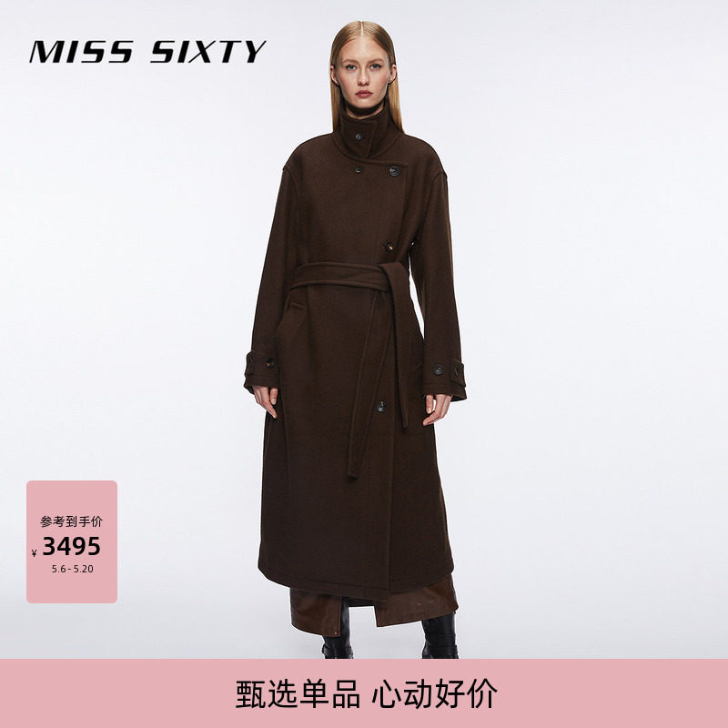 Miss Sixty棕色绵羊毛呢大衣女高级感气质附腰带通勤长款外