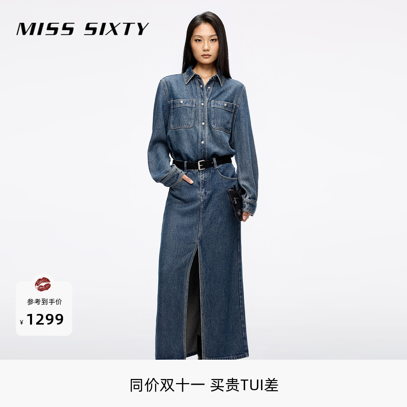搭配腰带 前开叉设计 莱赛尔牛仔料