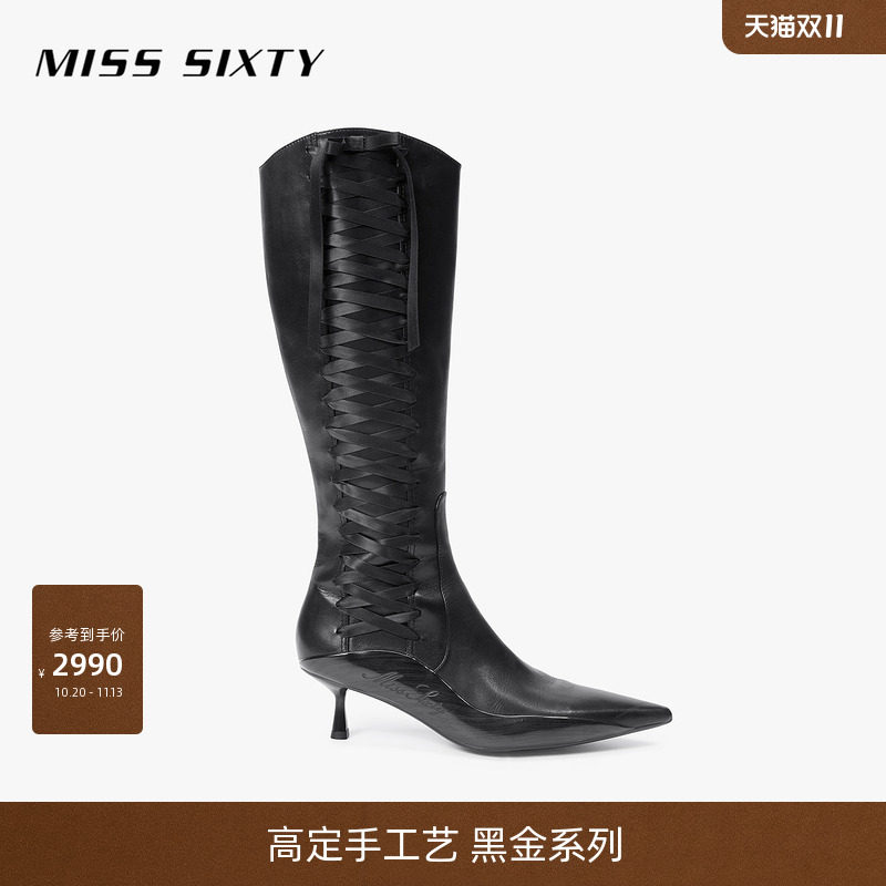 【黑金系列】Miss Sixty2026春季新款靴子女拉链绑带牛皮革高帮靴
