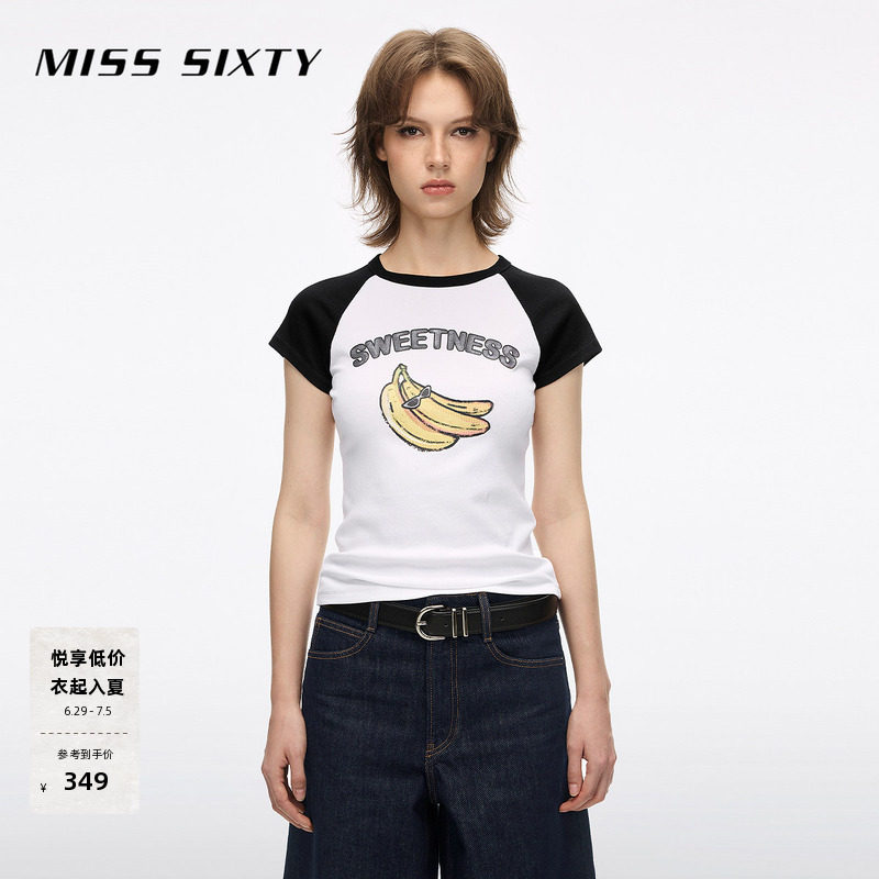 Miss Sixty2026夏季新款T恤女圆领短款修身撞色印花插