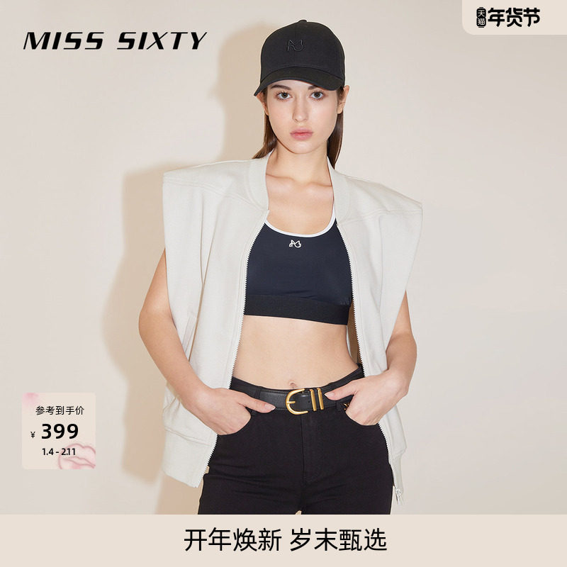 Miss Sixty卫衣女气质V领坎肩袖拉链宽松叠穿外搭美式复古