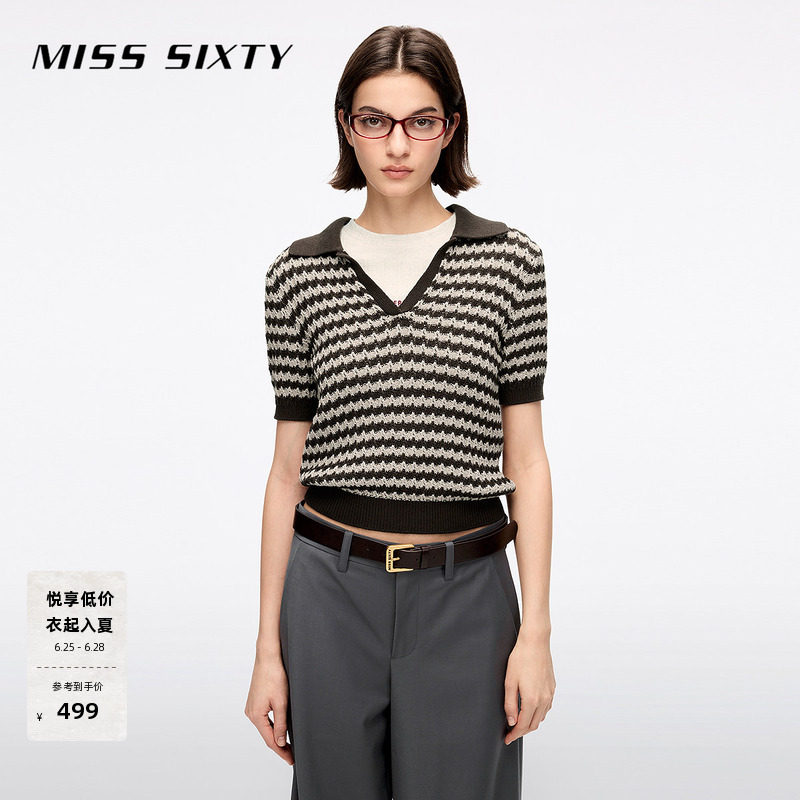 Miss Sixty夏针织衫女上衣气质V领复古条纹高智感短款薄款