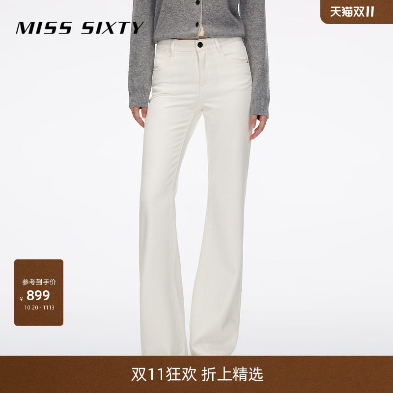 Miss Sixty2026冬季新款复合绒牛仔裤女做旧轻磨破白色复古喇叭裤